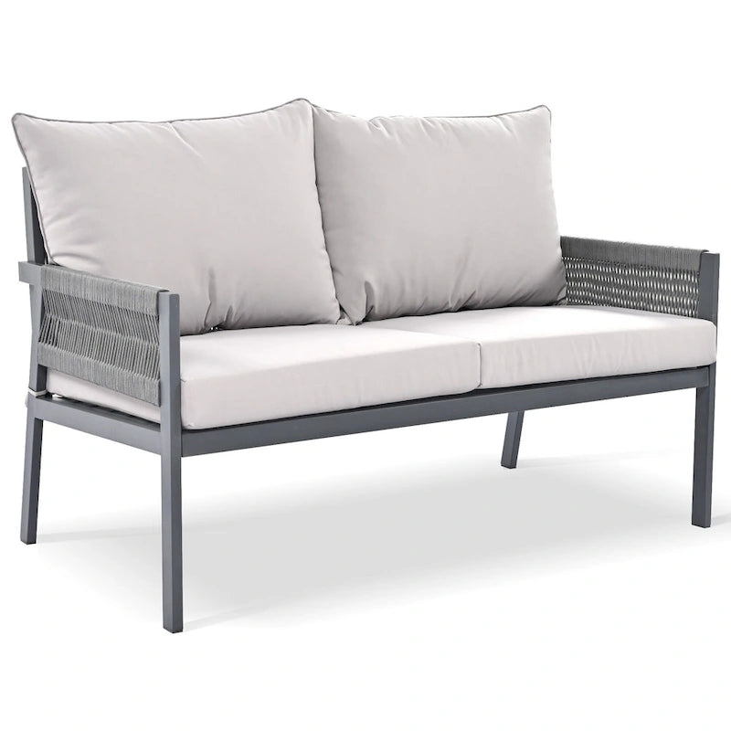4-delige tuinmeubelset, loungeset voor buiten met tafel van gehard glas, diepe zit en dikke kussens