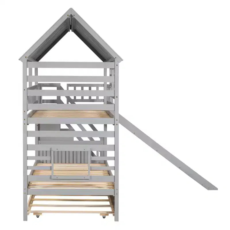 Whisen Twin over Twin House Bunk Bed with Trundle and Slide, Storage Staircase, Roof and Window Design