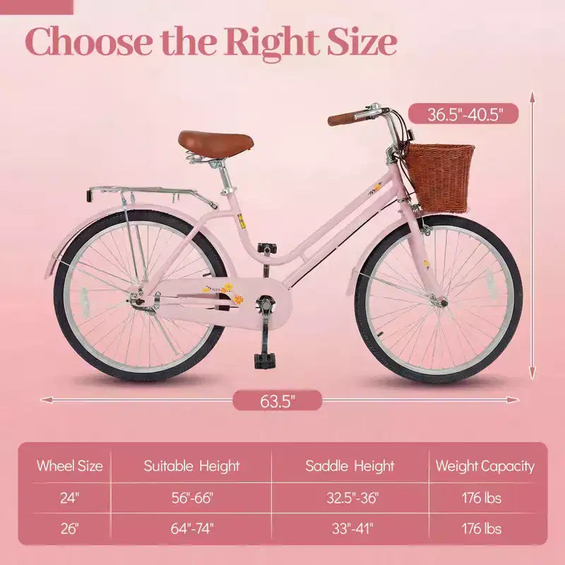 Gymax 24-inch cruiserfiets voor op het strand met verstelbaar zadel, gevlochten mand en bagagedrager voor in de stad