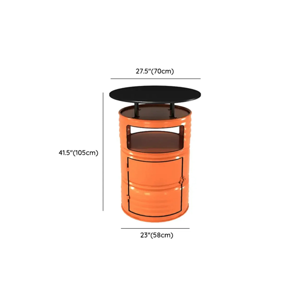 Industrielle schwarze und orangefarbene Metallfass-Tische mit Stauraum