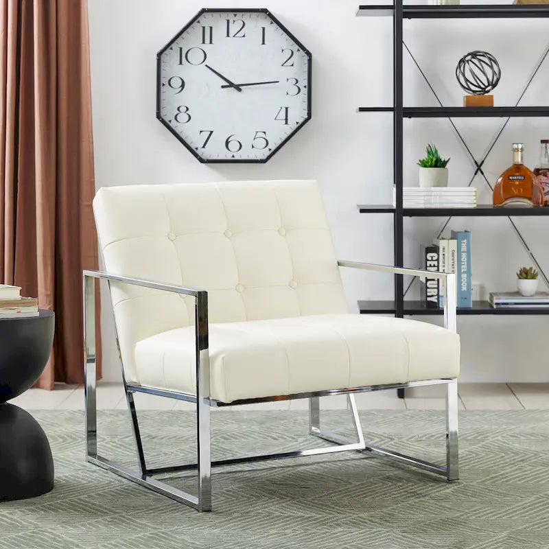 Fauteuil d’appoint Glitzhome crème de style mi-siècle moderne, revêtement en cuir PU capitonné et structure chromée, hauteur de 30.50
