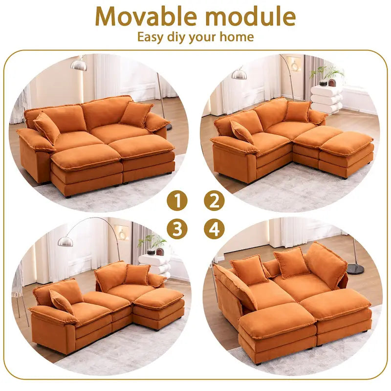 Divano a 2 posti con 2 cuscini, 2 guanciali e 2 pouf, divano comodo - Divano profondo modulare per soggiorno
