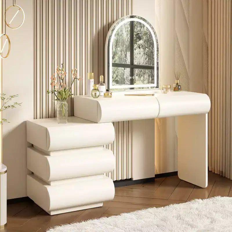 Luxe make-uptafel Whisen met spiegel, verplaatsbaar zijmeubel, 6 opberglades en kruk
