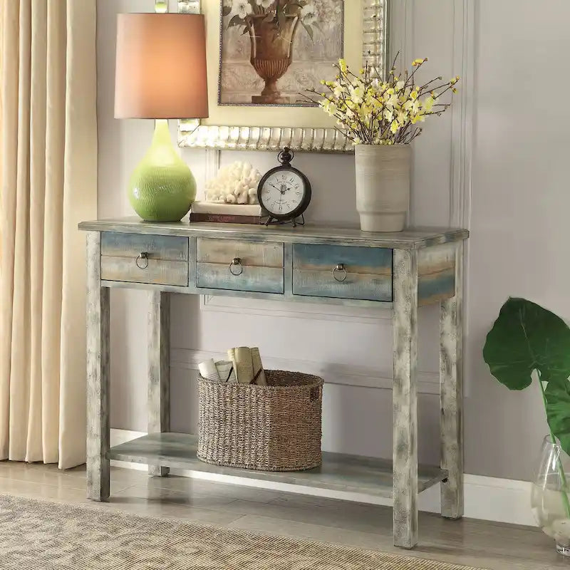 Consoletafel met 3 laden in antiekgrijs en blauwgroen