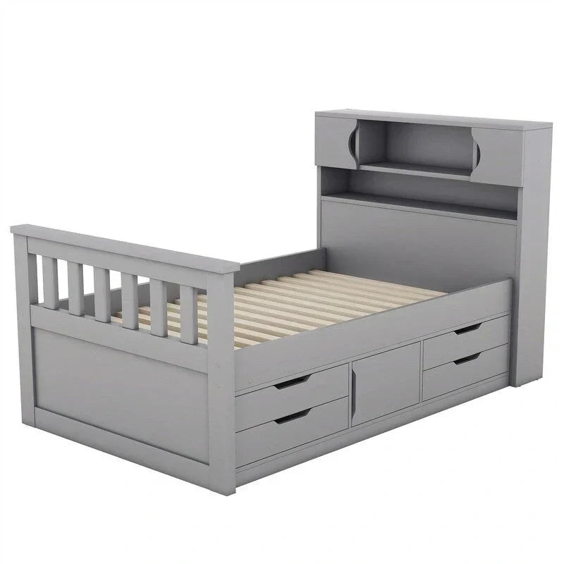 Letto a piattaforma Captain singolo/matrimoniale con 4 cassetti e ripiani contenitori, struttura in legno massello con testiera libreria contenitore