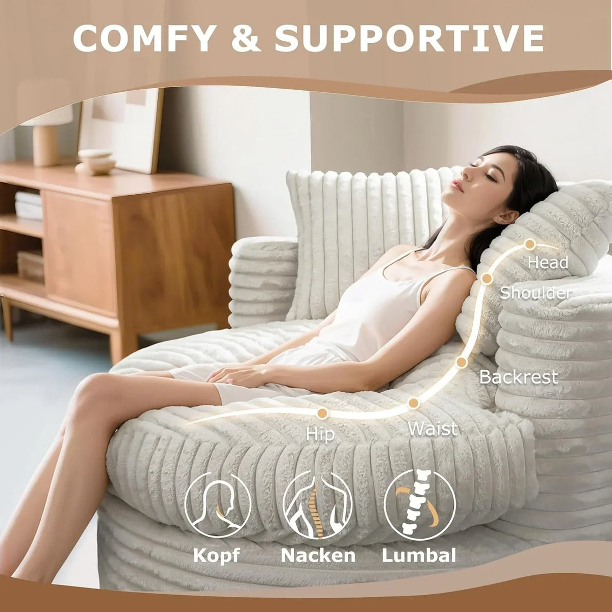 WOWMAX ronde chaise longue van 47 voor binnen, gestoffeerde vloersofa van corduroy, extra grote slaapfauteuil met 2 sierkussens