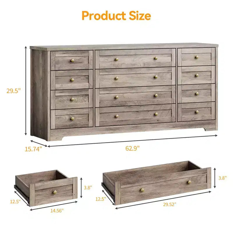 Commode en bois à 12 tiroirs pour chambre, meuble TV moderne et large pour téléviseur de 65 pouces, commode en bois, rangement champêtre pour vêtements dans le salon