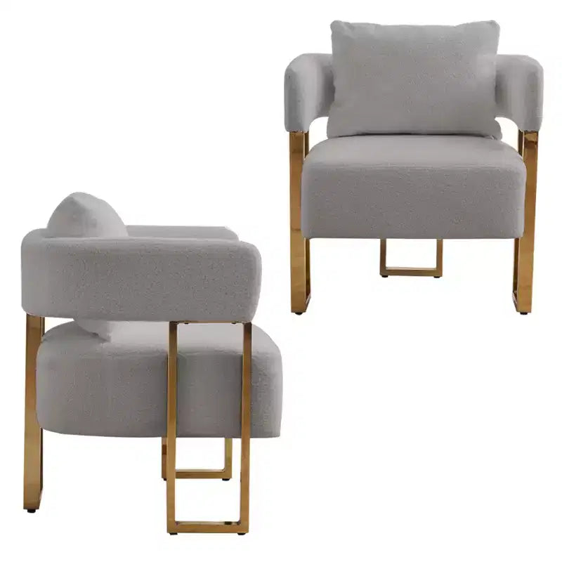 Set van 2 moderne gestoffeerde fauteuils met gouden metalen poten voor woonkamer, slaapkamer of kantoor