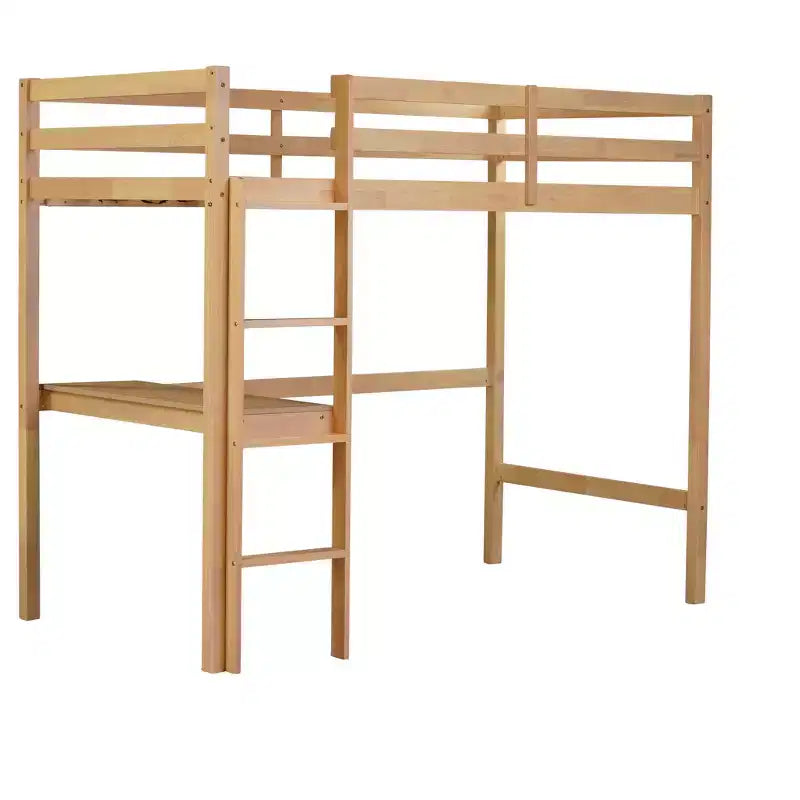 Lit mezzanine minimaliste Okak avec échelle, lit mezzanine pour lit simple en bois d’hévéa avec garde-corps de sécurité et bureau intégré, cadre de lit pour enfants et adolescents