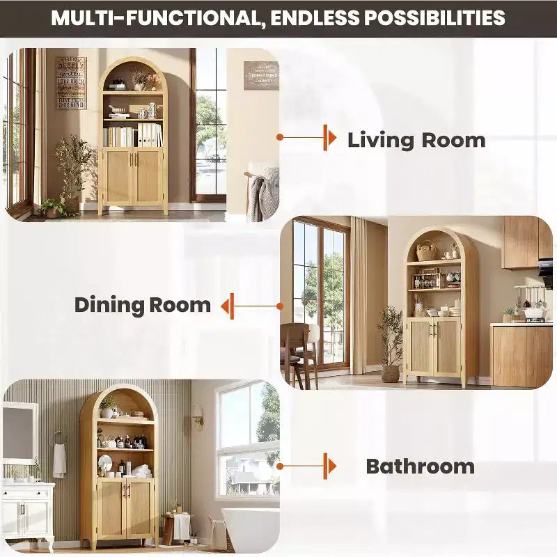 Acekool Vorratsschrank mit Rundbogen und Rattantüren, 5-stufiger Aufbewahrungsschrank im Landhausstil für Küche, Esszimmer und Wohnzimmer