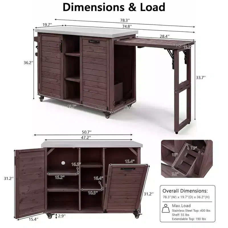 Buiteneiland voor de keuken met inklapbare zijtafel, buitenkeukenwagen met roestvrijstalen blad, verborgen afvalbak voor gazon en tuin