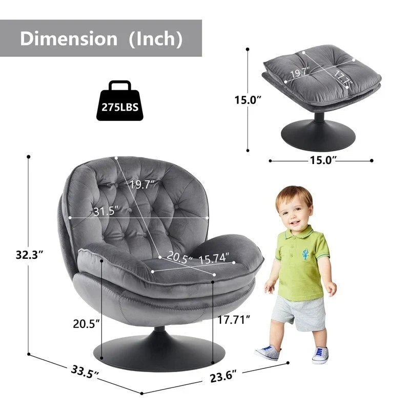 Fluwelen draaifauteuil met voetenbank, ronde leesfauteuil met voetenbankset, 360 draaibaar, metalen frame