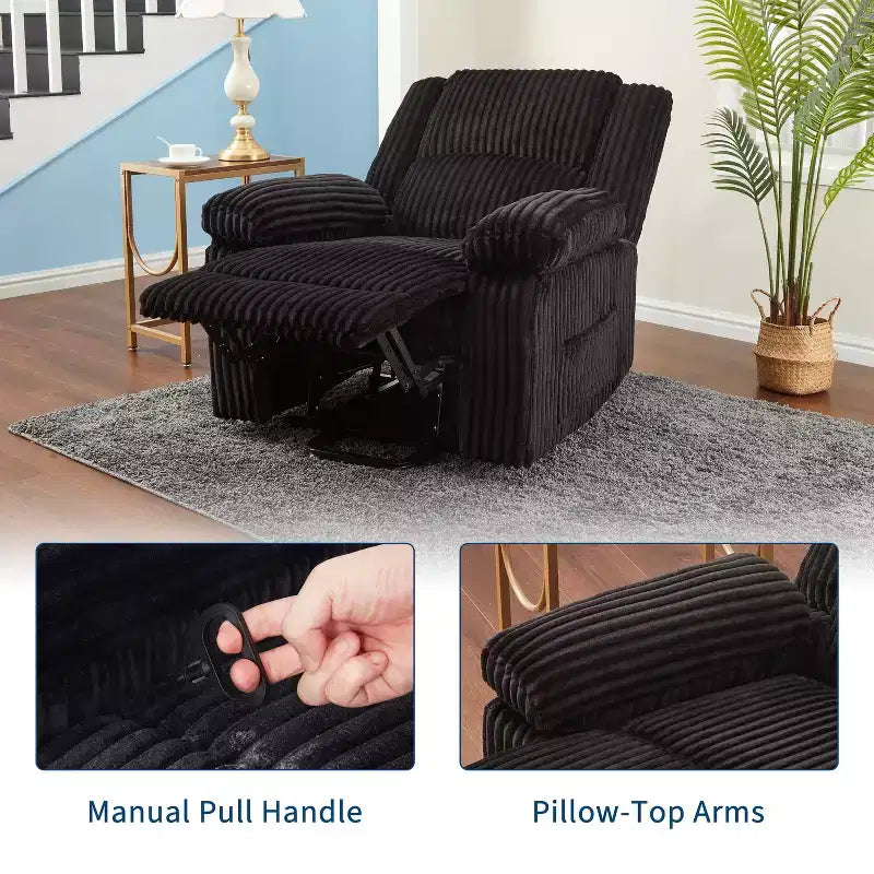 Fauteuil inclinable en velours côtelé, canapé inclinable manuel avec poignée, accoudoirs à plateau rembourré, rembourrage épais, poche latérale, salon, chambre, salle de cinéma maison, gris foncé
