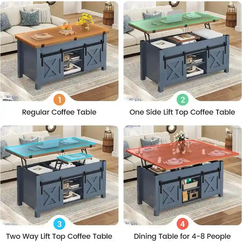 Table basse relevable avec 2 portes coulissantes de style grange, rangement et table à manger