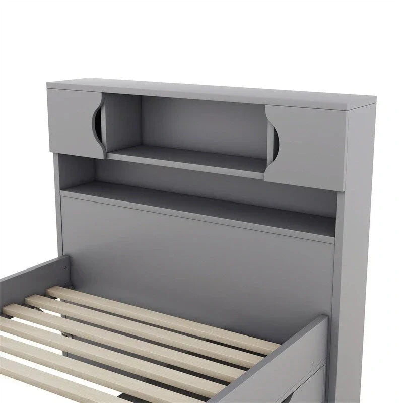 Letto a piattaforma Captain singolo/matrimoniale con 4 cassetti e ripiani contenitori, struttura in legno massello con testiera libreria contenitore