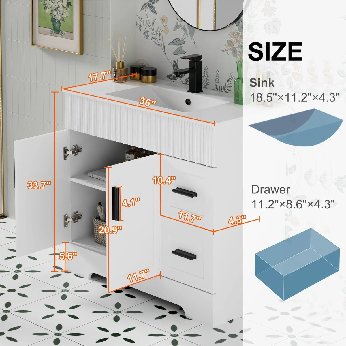 Ensemble meuble-lavabo de salle de bain Wavy Line 30/36/48 avec lavabo et robinet