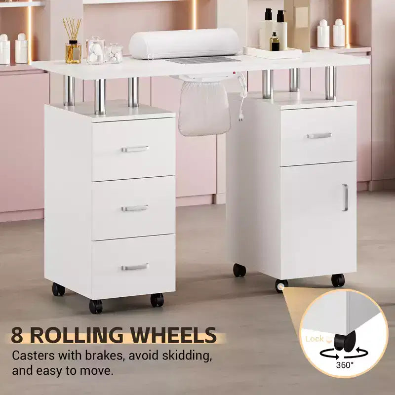 Table de manucure avec aspirateur à poussière, roulettes verrouillables, coussin pour poignet et rangements, pour la maison, les prothésistes ongulaires et les salons de beauté