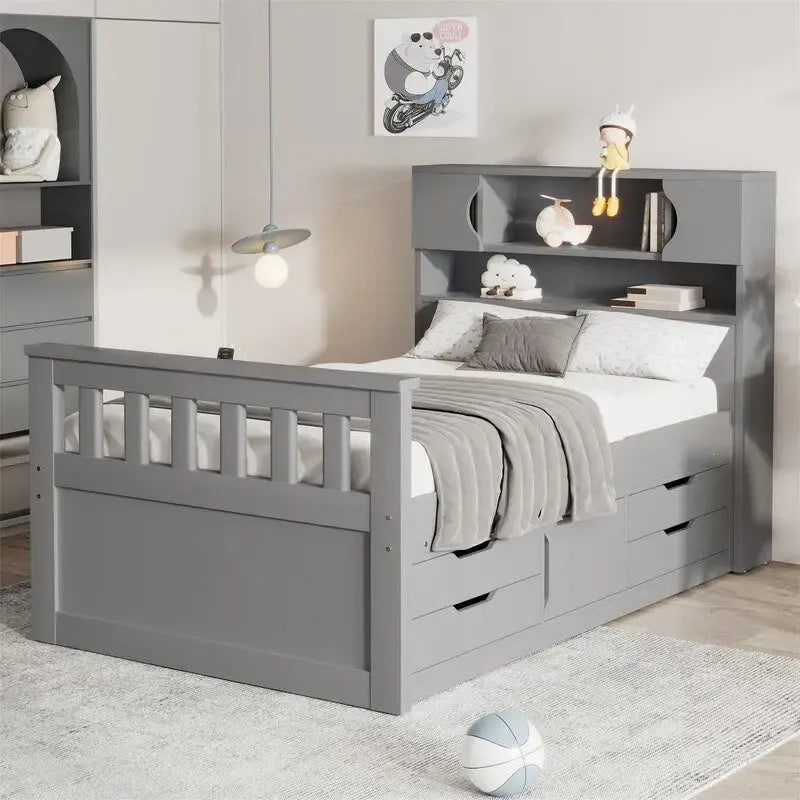 Letto a piattaforma Captain singolo/matrimoniale con 4 cassetti e ripiani contenitori, struttura in legno massello con testiera libreria contenitore