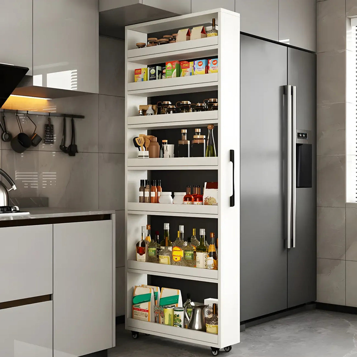 Moderner Buffet-Tisch aus Holz mit offenen Regalen und Rollen