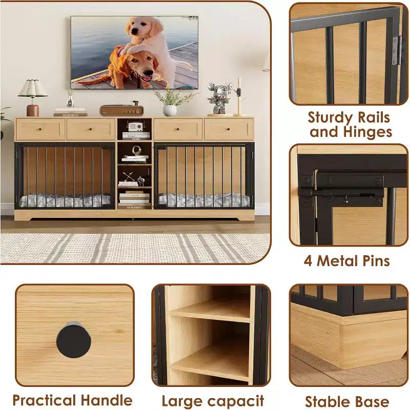 Meuble double cage pour chiens 82, grand chenil d’intérieur pour 2 chiens, cage en bois robuste faisant office de meuble TV avec 4 tiroirs et des étagères