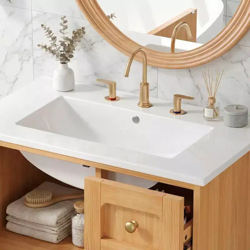 Mobiletto bagno in ceramica JVNOXK da 30 pollici, stile rustico moderno, con 3 cassetti e 1 grande anta a chiusura ammortizzata, mobile contenitore, venatura naturale del legno