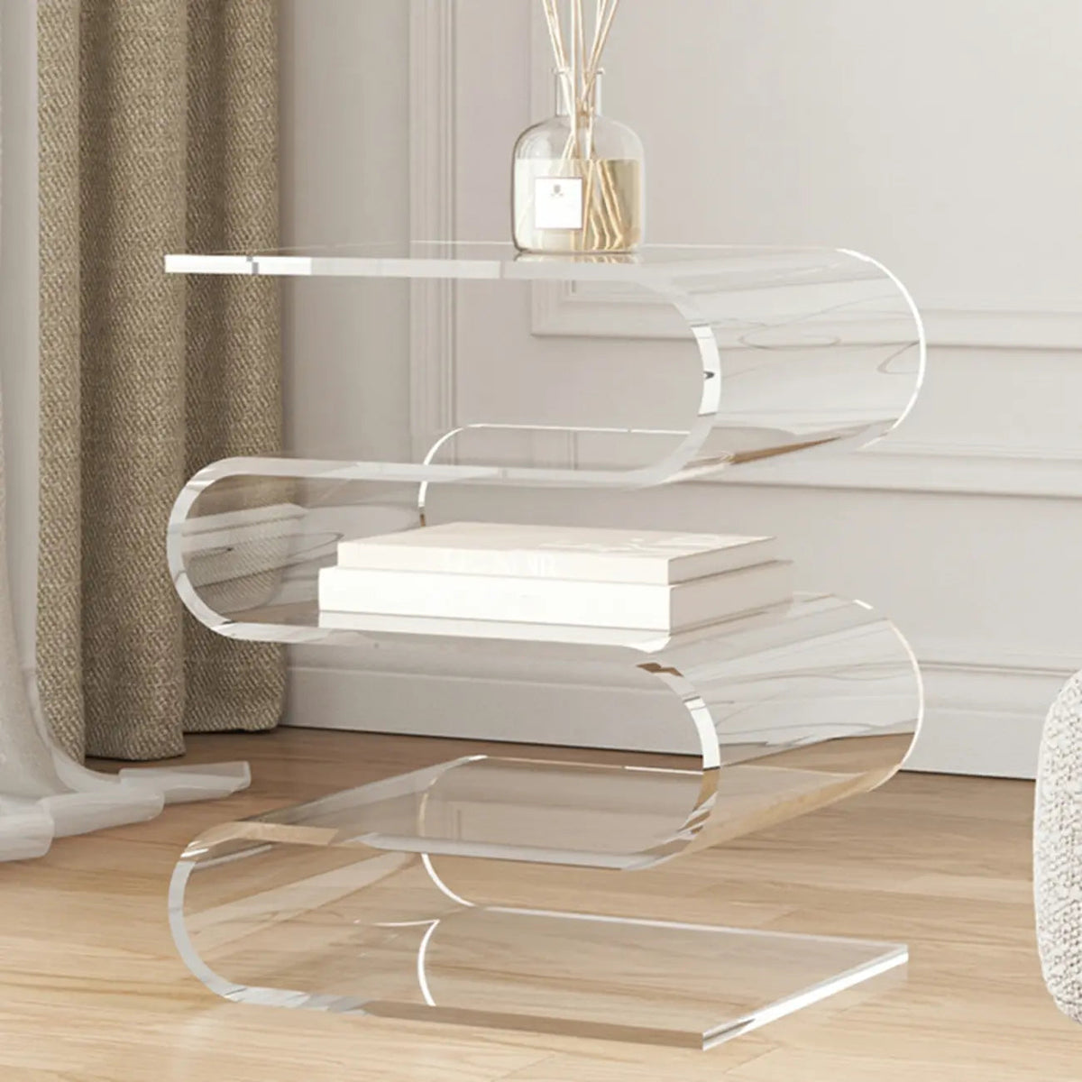 Moderner Beistelltisch aus Acryl in S-Form mit Stauraum