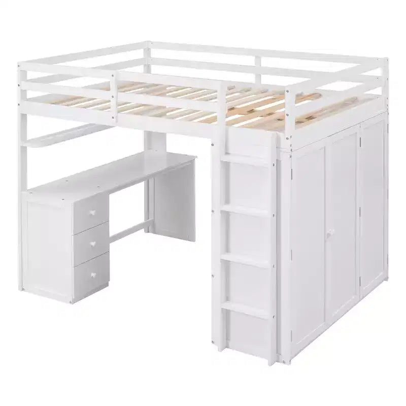 CLIHOME Hochbett in voller Größe mit 3 Aufbewahrungsschubladen, Schreibtisch und Kleiderschrank