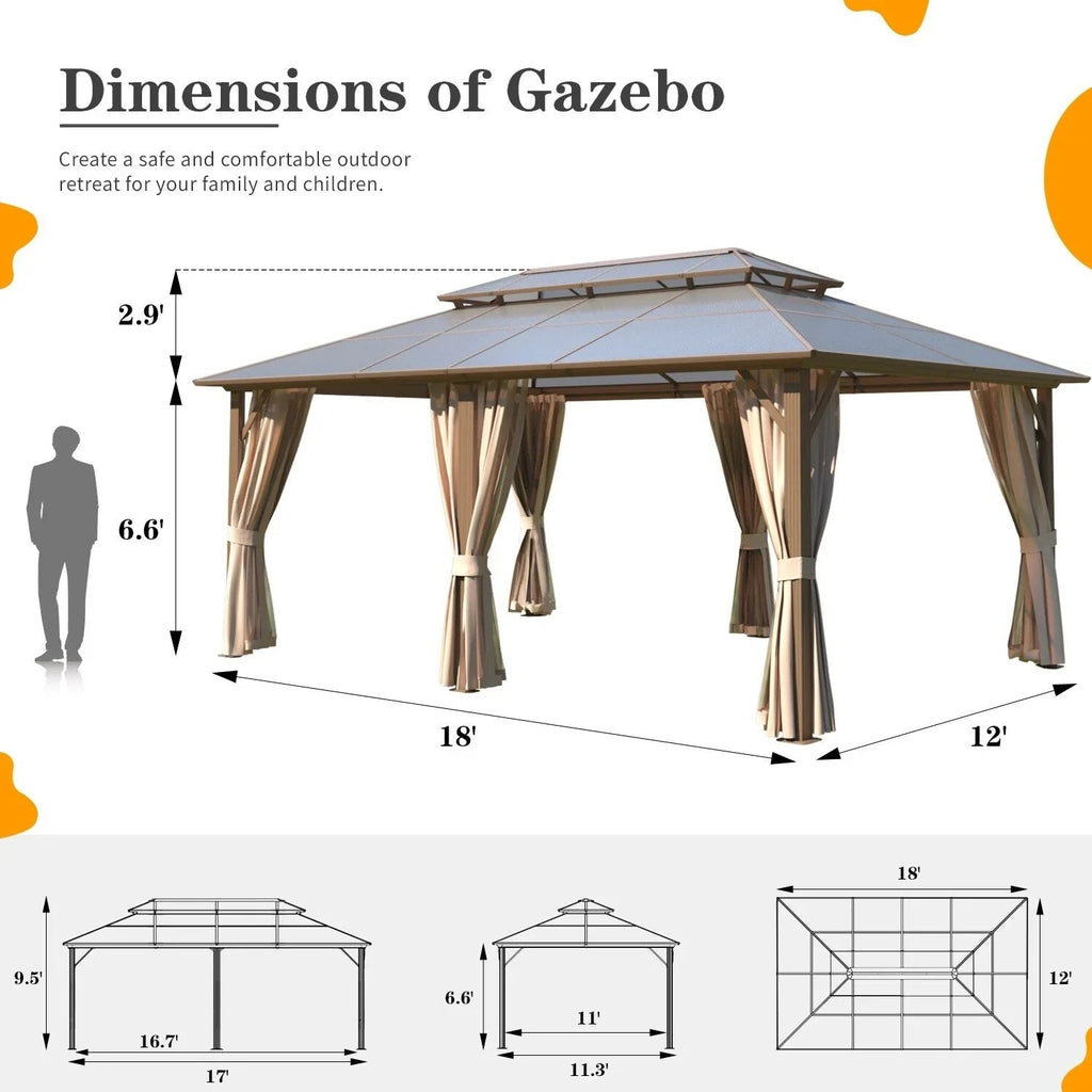 EROMMY hardtop-paviljoen, pergola voor buiten met dubbel dak, netten en gordijnen, extra stevig zonnescherm voor terras, achtertuin en zwembadfeest