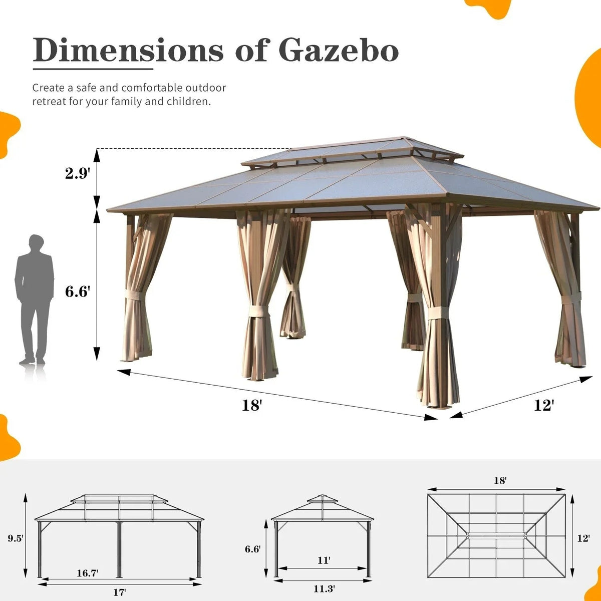 EROMMY hardtop-paviljoen, pergola voor buiten met dubbel dak, netten en gordijnen, extra stevig zonnescherm voor terras, achtertuin en zwembadfeest