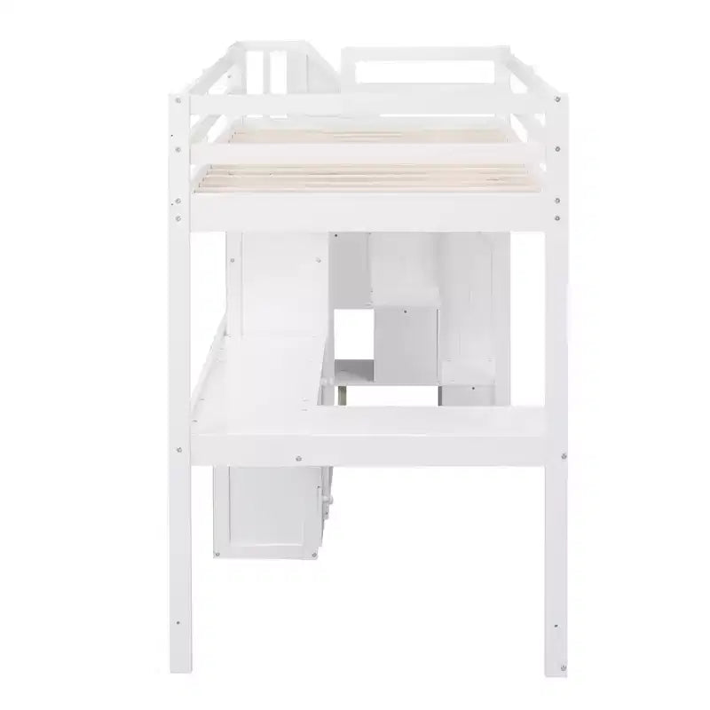 Lit mezzanine simple avec bureau en L, 3 tiroirs, armoire, rangement sous l’escalier, structure en pin massif/MDF