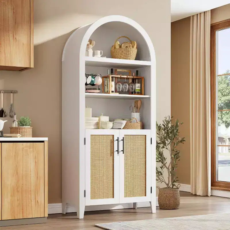 Acekool Vorratsschrank mit Rundbogen und Rattantüren, 5-stufiger Aufbewahrungsschrank im Landhausstil für Küche, Esszimmer und Wohnzimmer