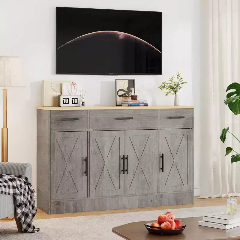 Credenza Celebalcony con contenitore, grande mobile da cucina da 53.4 con 3 cassetti e 4 ante, ripiano regolabile per cucina e soggiorno