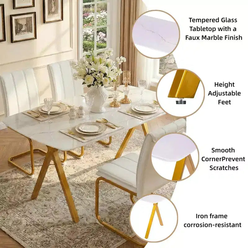GDFStudio Daniela moderne rechthoekige eettafel van gehard glas met marmerdessin en metalen poten