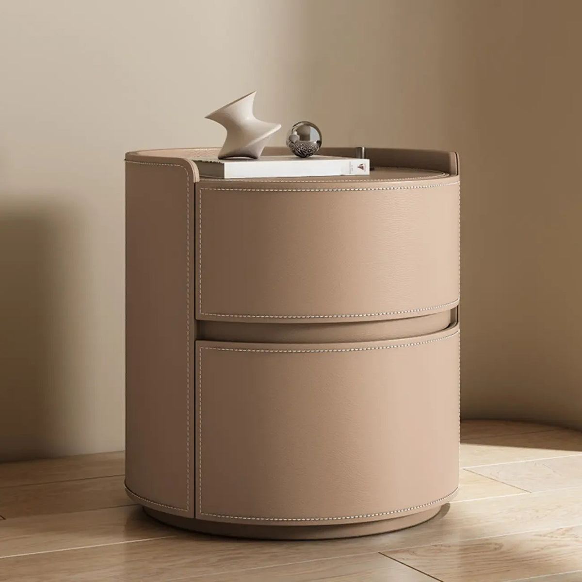 Comodino rotondo moderno con vassoio in pelle e 2 cassetti