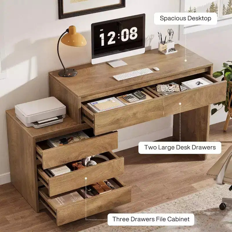 Scrivania per computer Lantine con 5 cassetti, scrivania direzionale in legno con schedario e supporto per stampante, per ufficio domestico e piccoli spazi