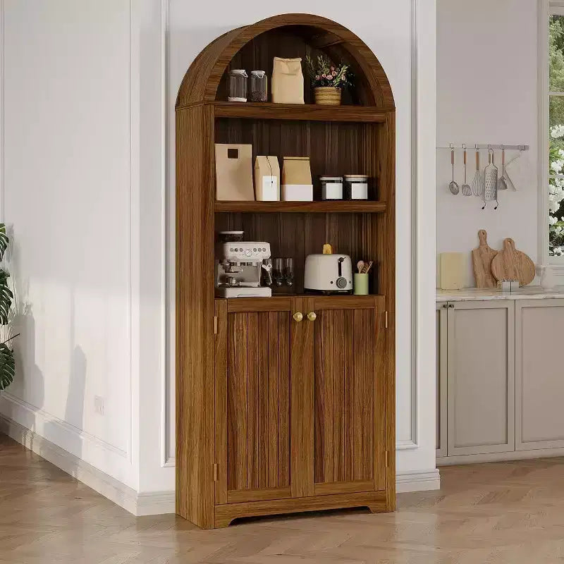 72 Tall Arched Cabinet, 5 Tier Arched Bookshelf with Double Doors & Adjustable Shelf, Wooden Bookcase with Storage for Home Office