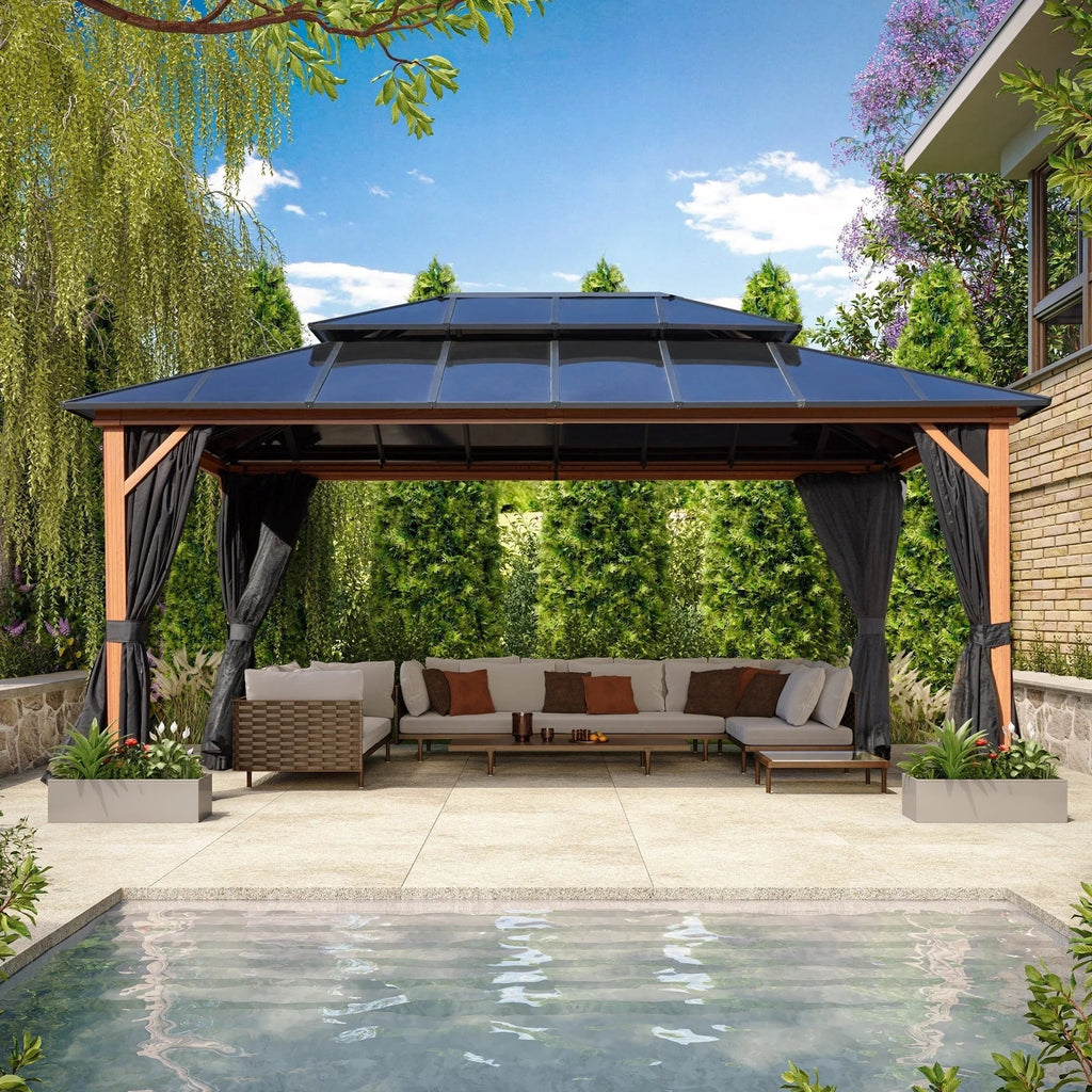 EROMMY hardtop-paviljoen, pergola voor buiten met dubbel dak, netten en gordijnen, extra stevig zonnescherm voor terras, achtertuin en zwembadfeest