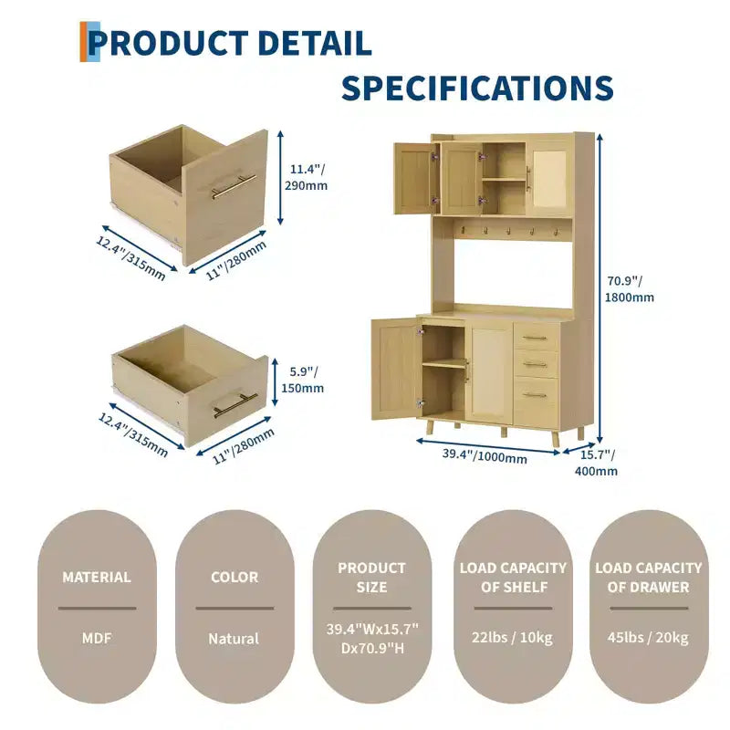 Dispensa da cucina in rattan da 71, mobile buffet con supporto per microonde, ripiani regolabili e 6 ganci, naturale