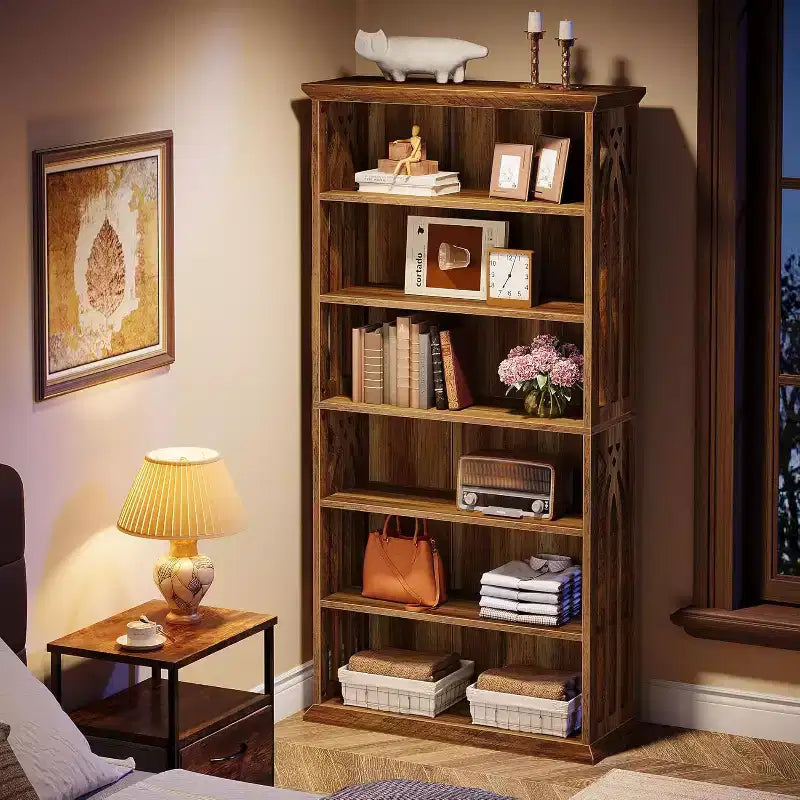 Libreria in legno a 6 ripiani, alta 75 pollici, grande scaffale espositivo autoportante