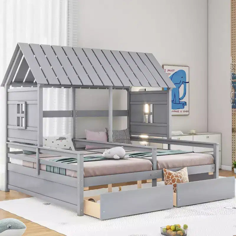 Lits plateformes Whisen House avec deux tiroirs pour chambre partagée de garçon et de fille