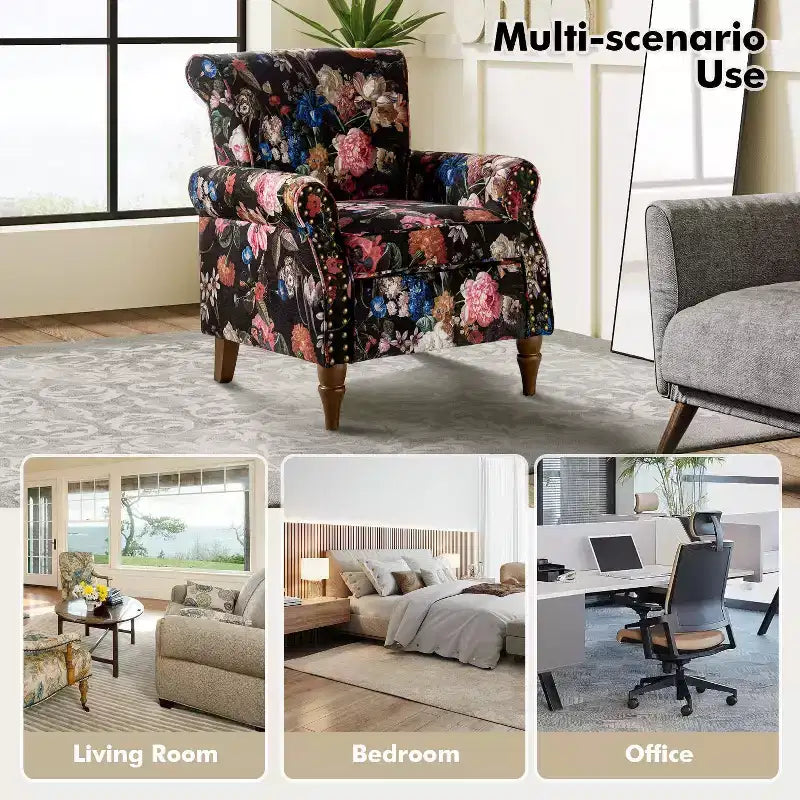 Araceli traditionele houten fauteuil met bloemenstof, hoge rugleuning met vleugels en siernagels| ART OF LIVING DESIGNS