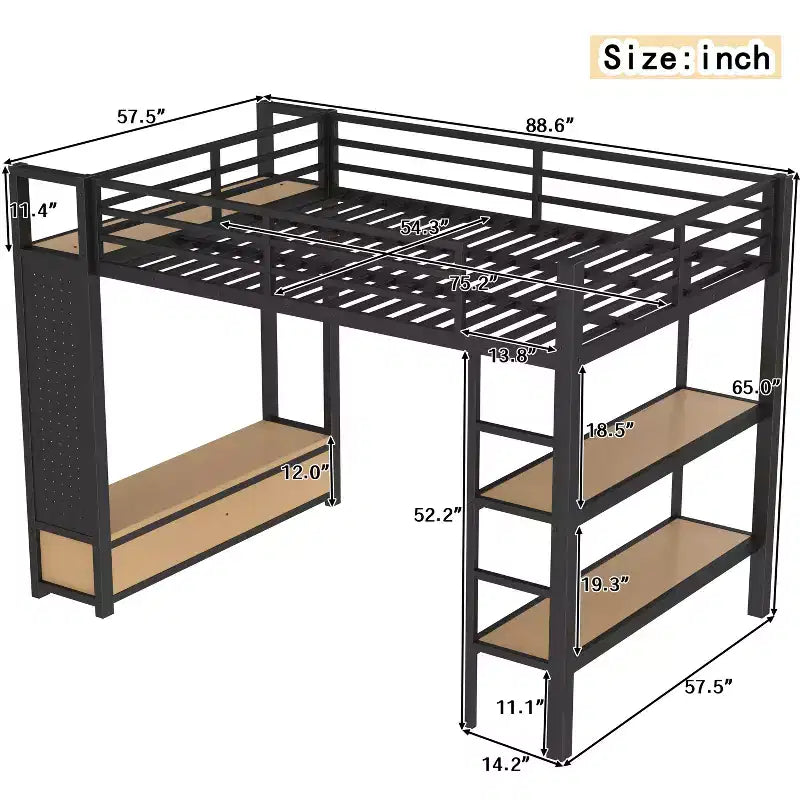 Metall-Hochbett für Full-/Queen-Size-Matratzen, Komplettset mit Kleiderschrank, Ablagefächern und Lochwand, Schwarz - ModernLuxe