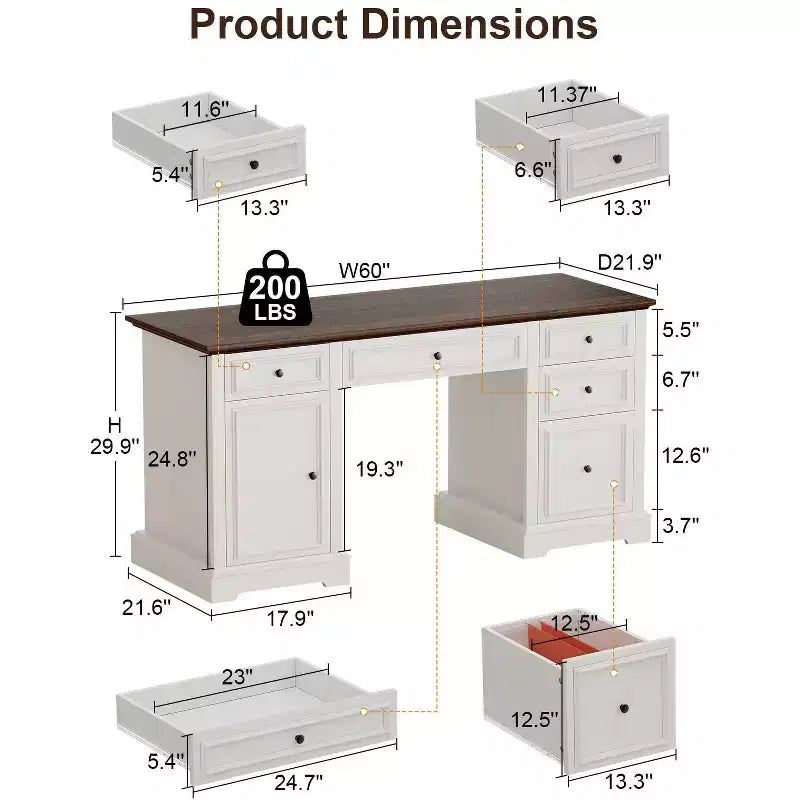Dyonery 60-Zoll-Schreibtisch im Landhausstil mit Schubladen und Aktenschrank, Schreibtisch aus Holz mit geprägter Struktur fürs Homeoffice, Schwarz/Braun/Weiß und Braun