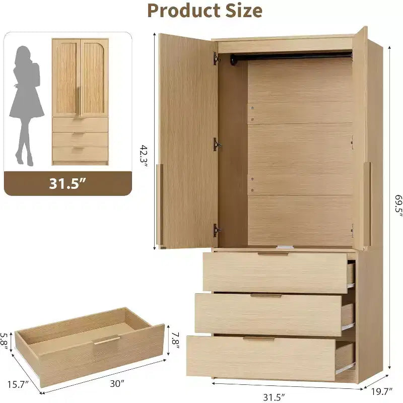 Armoire à 2 portes avec 3 tiroirs et tringle