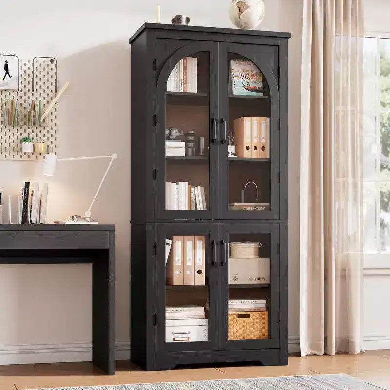 Dispensa da cucina alta 70, mobile espositivo moderno con 4 ante ad arco in vetro e ripiani regolabili, per cucina, soggiorno, sala da pranzo e bagno