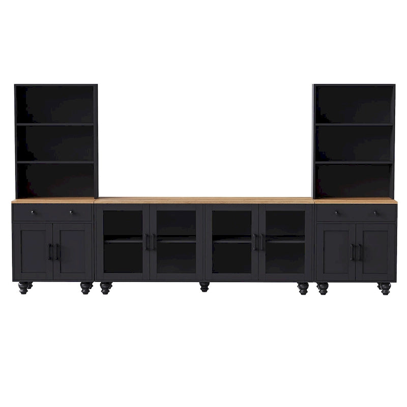 Zwart + donker walnootkleurig tv-meubel in landelijke stijl met boekenkasten en deuren van gehard glas voor tv's tot 70