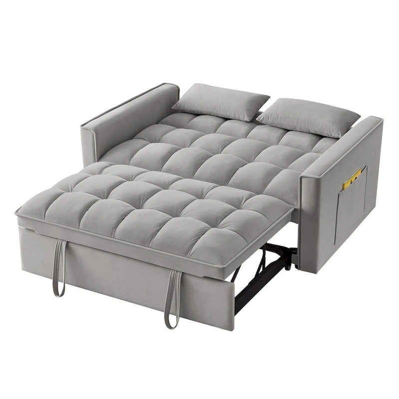4-in-1-Zweisitzer-Schlafsofa mit Armlehnen und Aufbewahrungstaschen, multifunktionales, getuftetes Ausziehsofa mit verstellbarer Rückenlehne