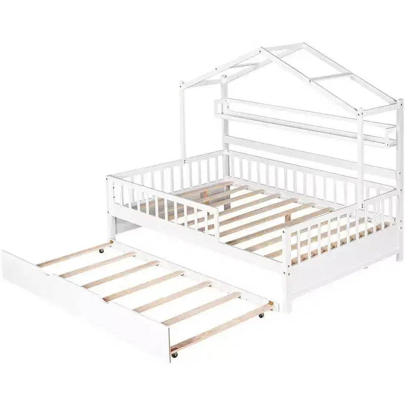 Lit cabane Acekool pour lit double avec lit gigogne simple, tiroirs de rangement et étagères, toit et barrières, lit plateforme pour enfants, blanc