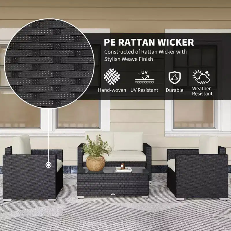 4-teiliges Rattan-Sofaset, Patio-Sofaset aus Korbgeflecht mit Zweisitzersofa, Sesseln und Couchtisch mit Glasplatte für den Garten und Außenbereich