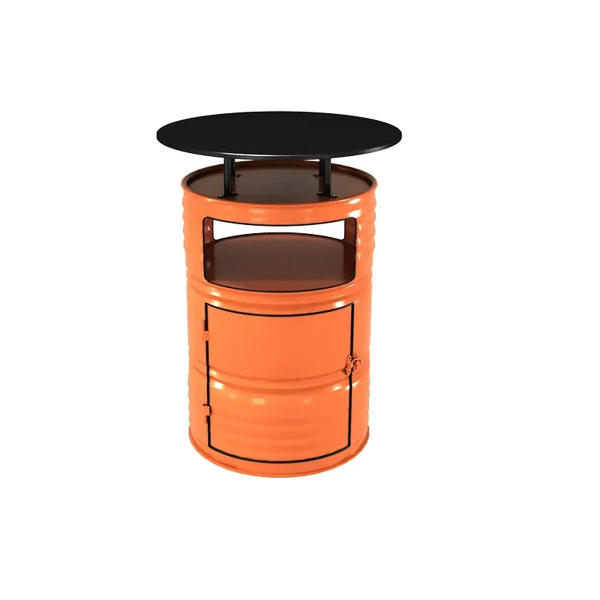 Industrielle schwarze und orangefarbene Metallfass-Tische mit Stauraum